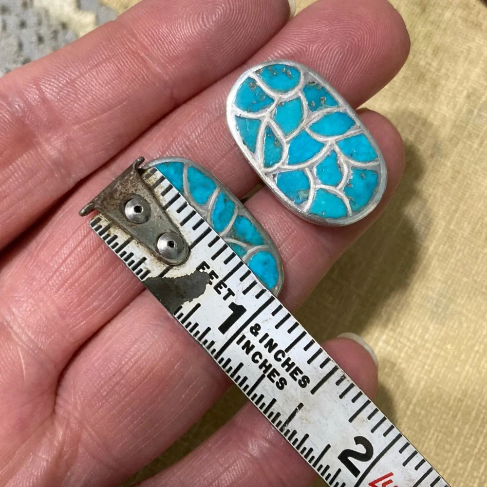VINTAGE NATIVE AMERICAN ZUNI TURQUOISE INLAY STERLING SILVER CUFFLINKS